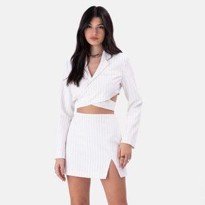 White Pinstripe Wrap Around Crop Jacket/Blazer and Mini Skirt Set from Adika